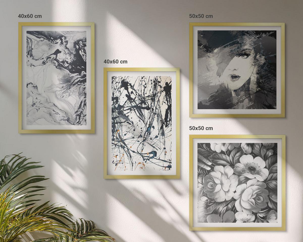 BILDER SET 4er Set - 50x50 cm & 40x60 cm Goldrahmen - Abstrakte schwarz-weiße Muster - Goldfarben, Kunststoff (50/50cm) - TULUP