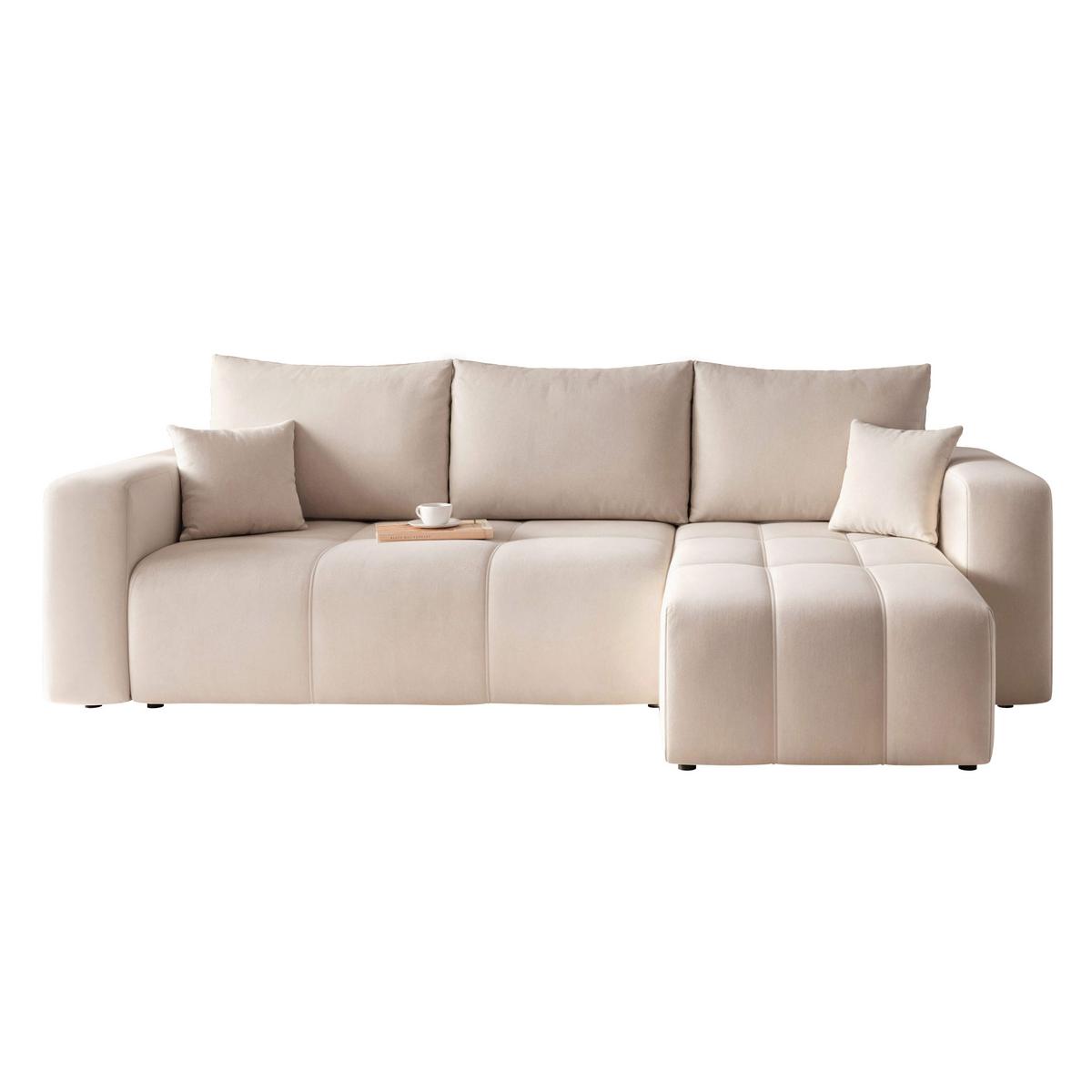 ECKSOFA Beige Velours mit Bettkasten und Schlaffunktion - Beige, Textil (248/145cm) - Idohome