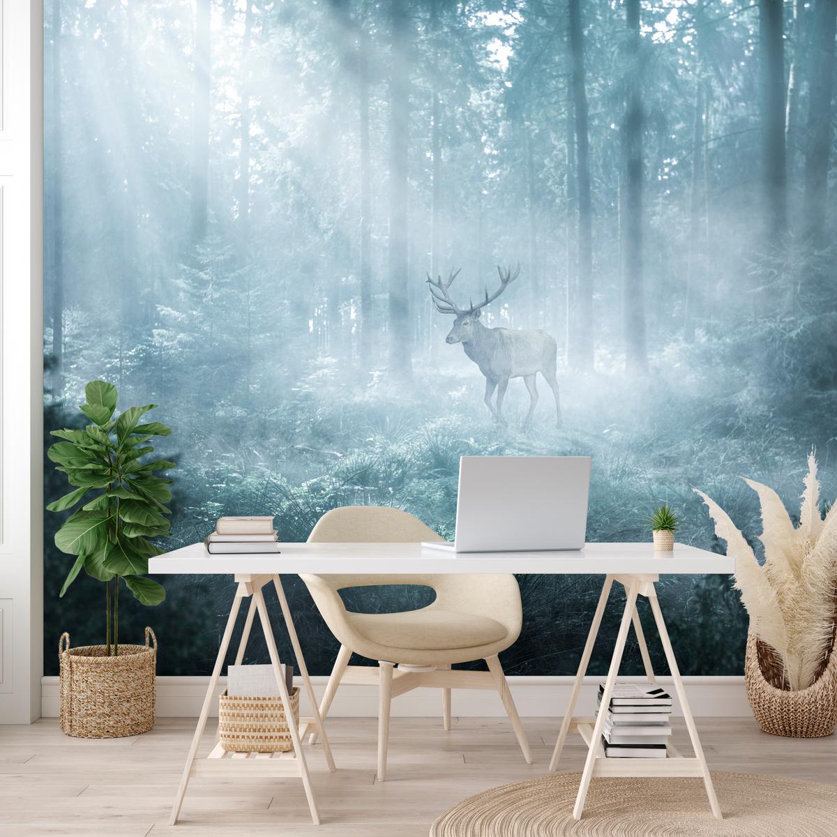 FOTOTAPETE für Wohnzimmer Hirsch Nebelwald Bäume Pflanzen 350x256 - Weiß/Grau, Papier (350/256cm) - Muralo
