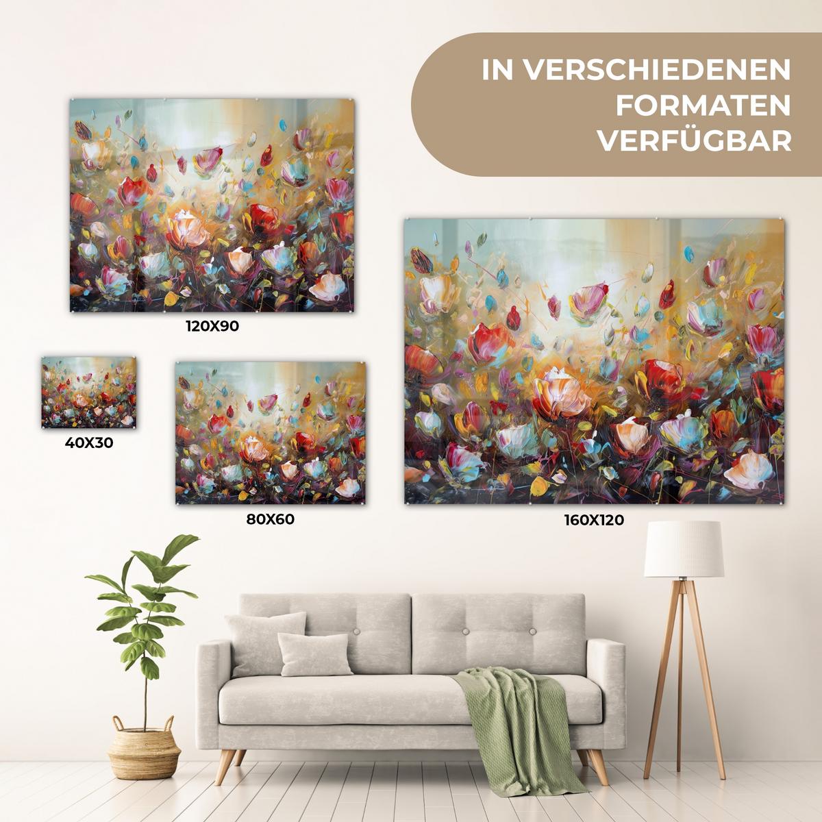 ACRYLGLASBILD Blumen - Kunst - Natur - Ölgemälde 80x60 cm - Multicolor, Glas (80/60cm) - MuchoWow