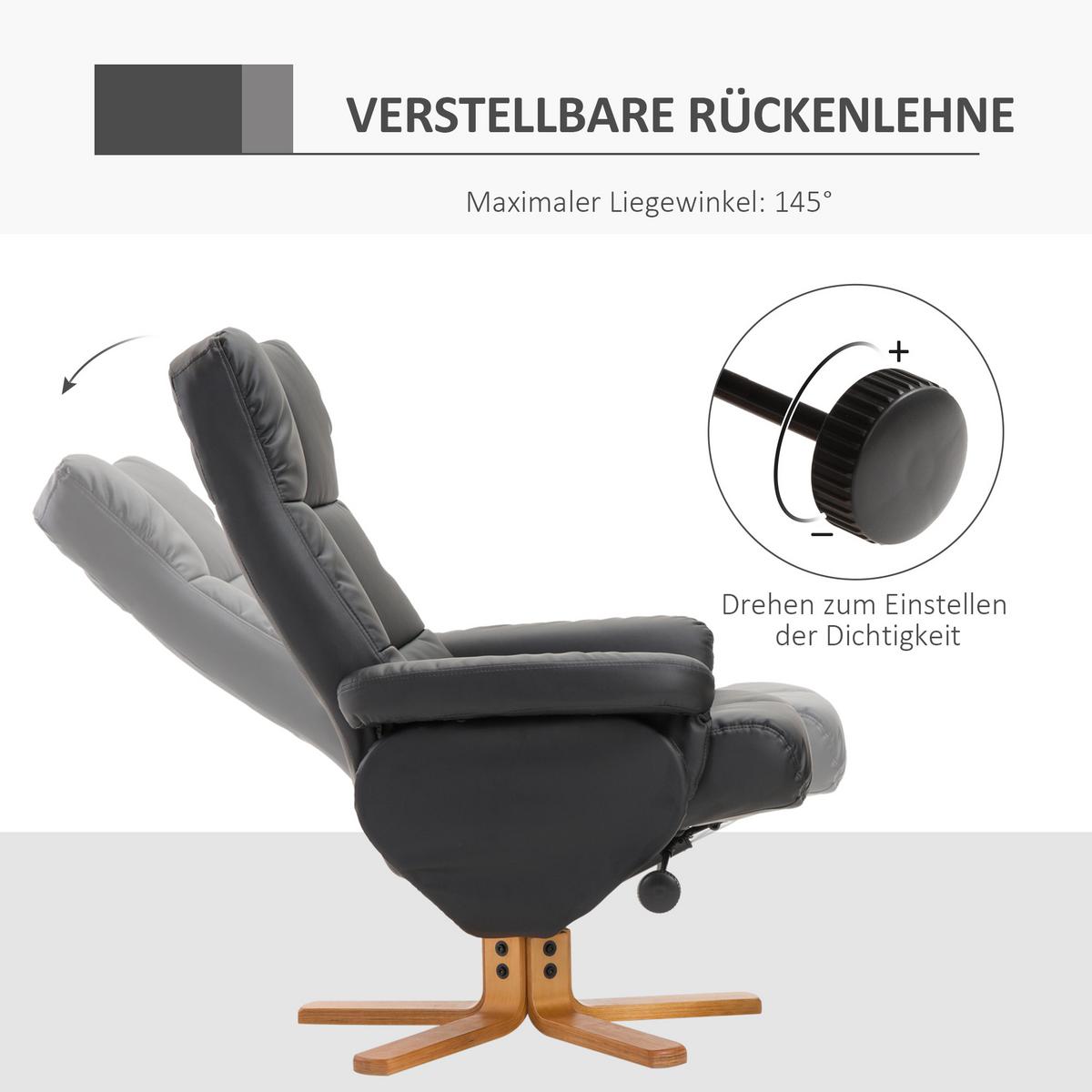 RELAXSESSEL mit Hocker Fernsehsessel 360° drehbar Liegefunktion Holz Schwarz - Schwarz, Holz/Kunststoff (86/99/80cm) - HOMCOM