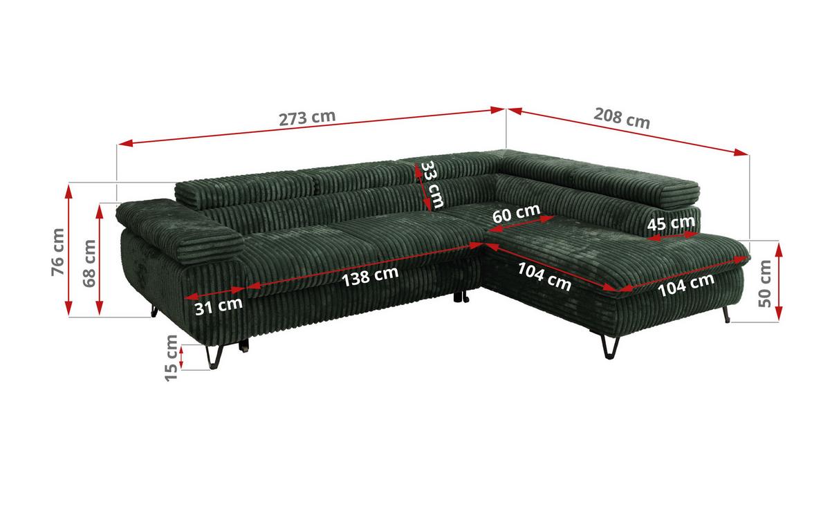 ECKSOFA PABLO L Grün Cord - Links Seite mit Visco Topper - Schwarz/Grün, Textil/Metall (208/273cm) - MKS