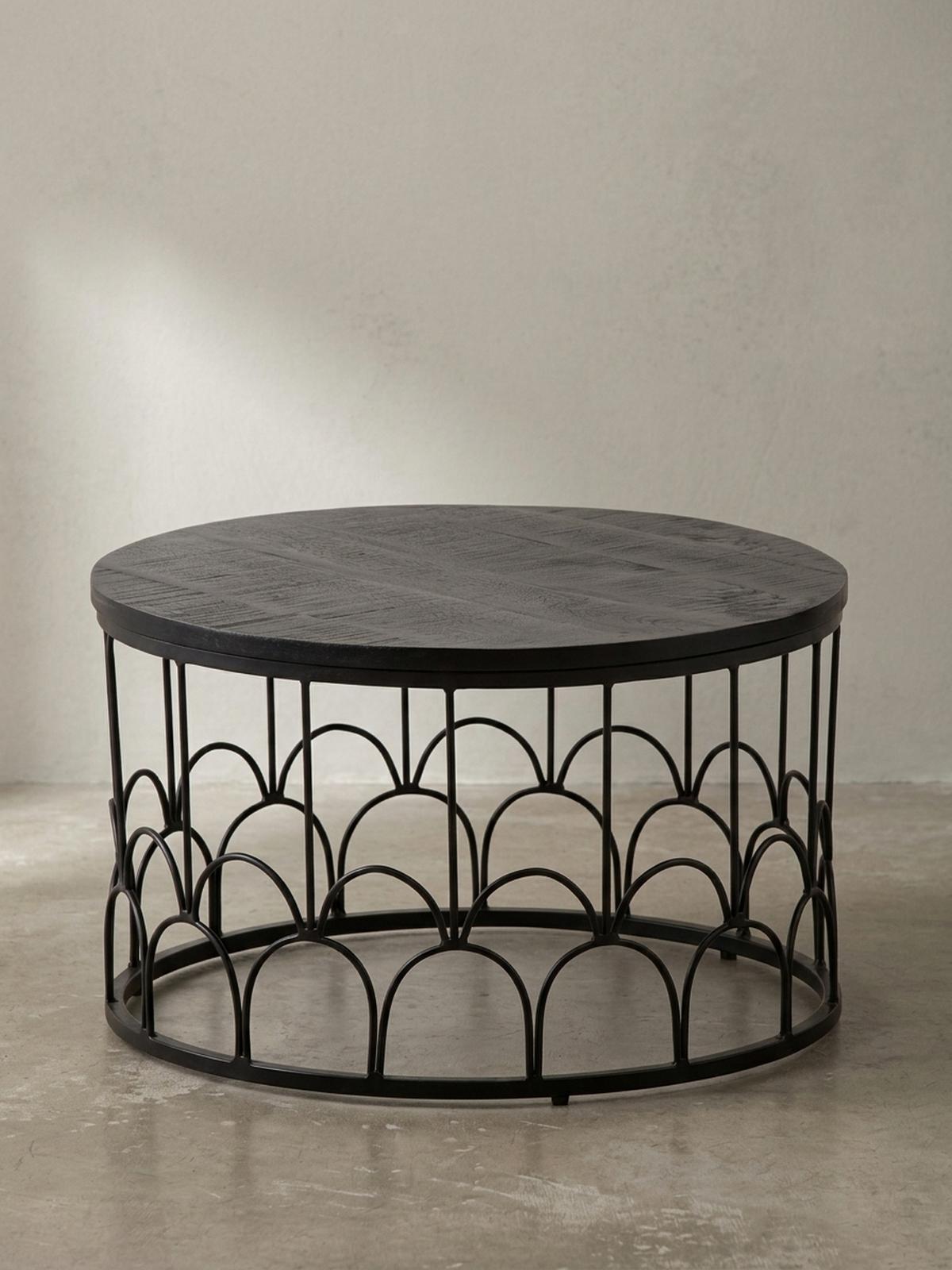 COUCHTISCH Rund in Schwarz aus Mango Massivholz mit Metallgestell, 60x60x36cm, Industrial Design - Schwarz, Holz/Metall (60/60/36cm) - KADIMA DESIGN