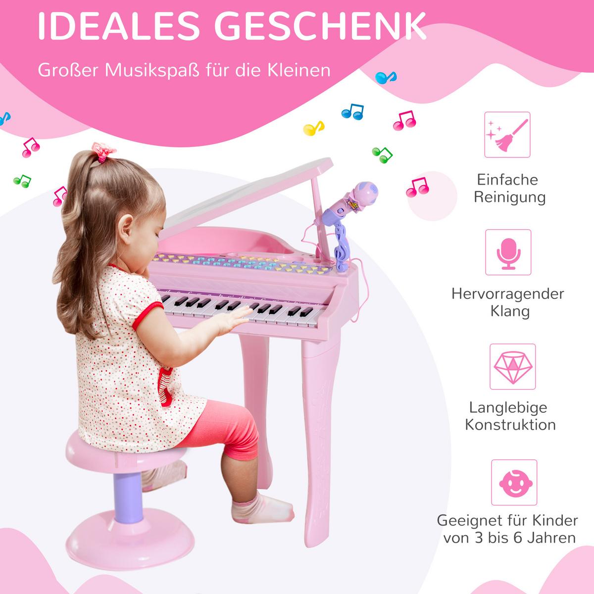KINDER Klavier Piano Keyboard Musikinstrument MP3 USB 37 Tasten mit Hocker - Rosa, Kunststoff (39/69/48cm) - HOMCOM