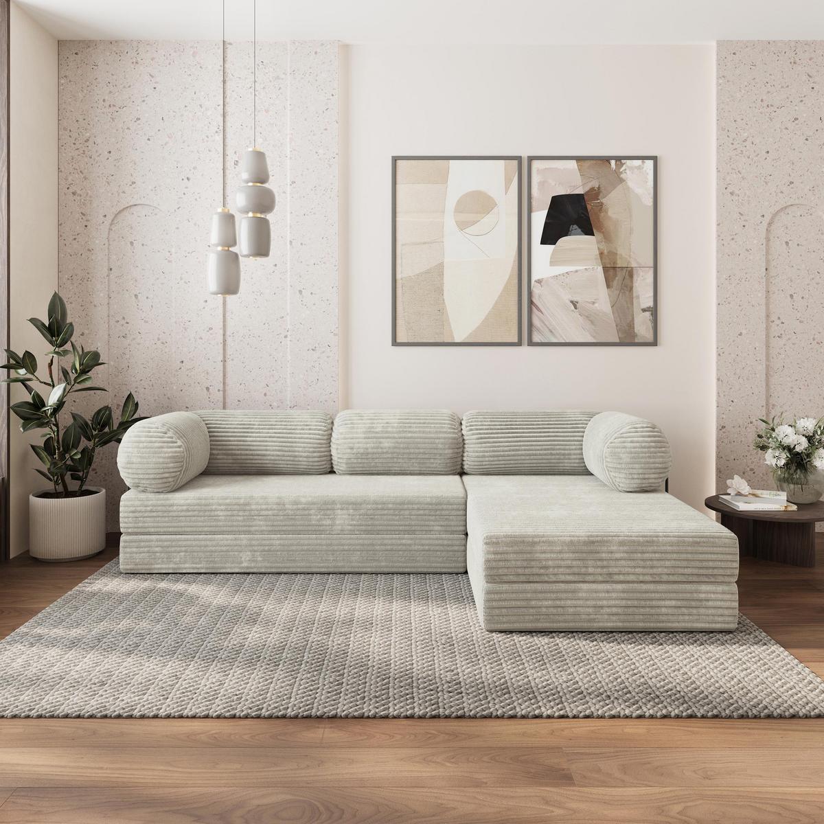 ECKSOFA ETERA modulares Boneless Sofa mit Schlaffunktion Hellgrau Kordstoff - Hellgrau, Textil (270/160cm) - MASSENO