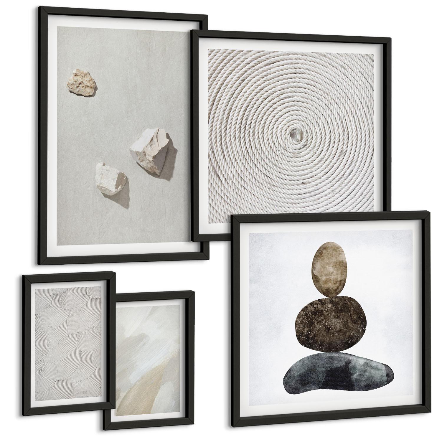 BILDER SET 5er Set - 50x50 cm & 20x30 cm & 40x60 cm Schwarzer Rahmen - Sandsteine moderne Farbe - Schwarz, Kunststoff (40/60cm) - TULUP