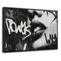 LEINWAND Bilder mit Rahmen - Gesicht - Mund - Graffiti - Schwarz - 60x40 - Schwarz, Textil (60/40cm) - MuchoWow