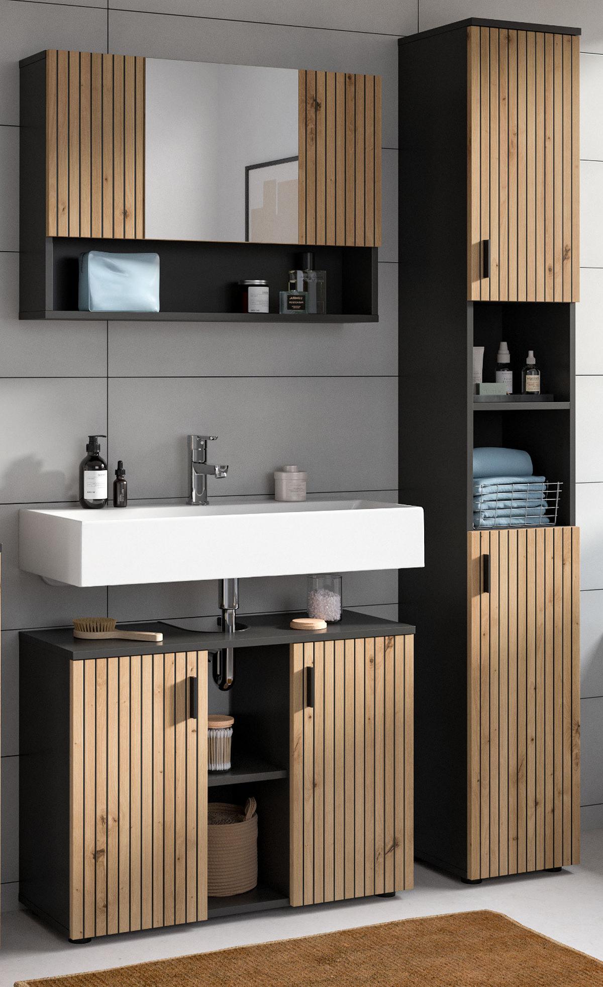 WASCHBECKENUNTERSCHRANK Eiche Artisan, grau 80 cm, Bad Unterschrank mit 6 Fächern, Leistenoptik - Schwarz/Eiche Artisan, Holzwerkstoff/Kunststoff (80/59/30cm) - Inn.Furn