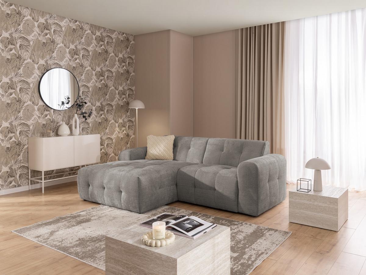 ECKSOFA Kozy im Bumpy-Design mit fester Rückenlehne aus weichem Taupe Chenille-Stoff - Ottomane links - Taupe/Schwarz, Holz/Kunststoff (161/234cm) - S-Style