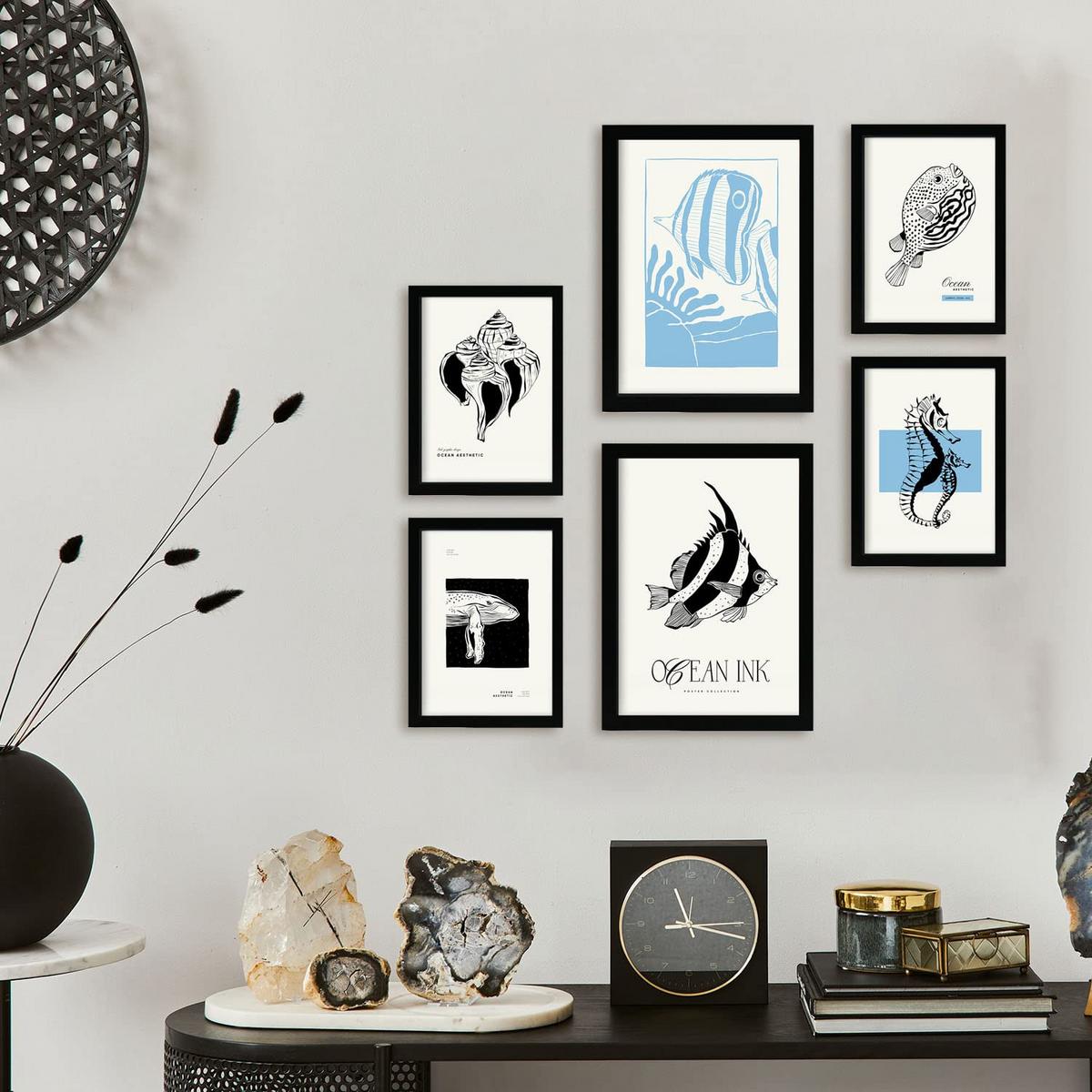 POSTER Set Mit 6 In Schwarzer Tinte Meeresmuster A3 & A4 Rahmenlos - Klar, Papier (29/3cm) - Nacnic