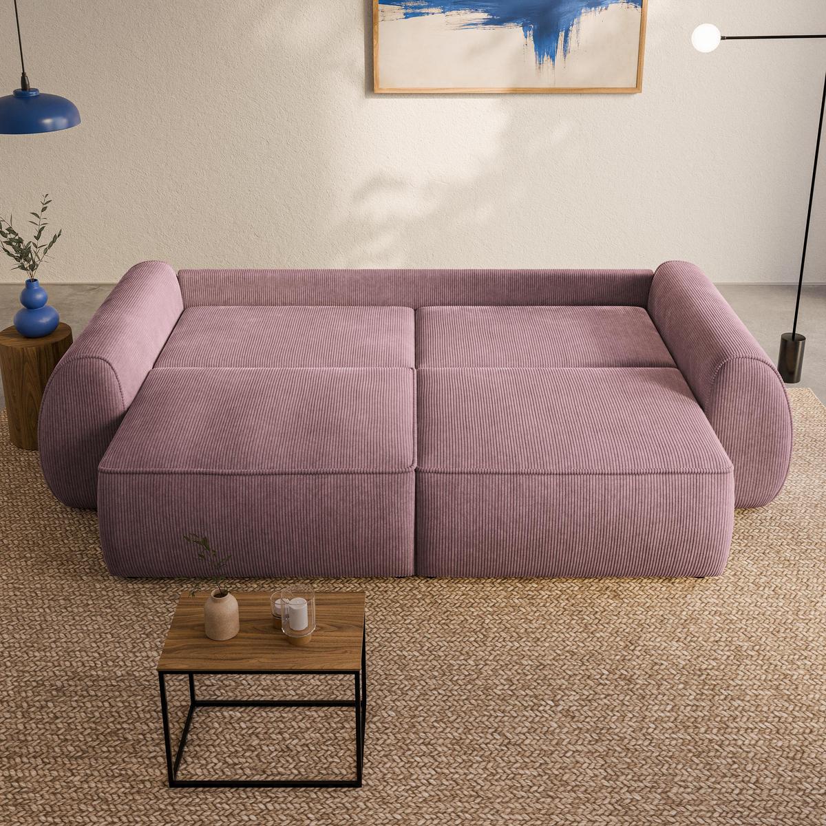 BETTSOFA ZEFEO Lila Kordstoff mit Schlaffunktion - Lila, Textil (264/96/106cm) - MASSENO