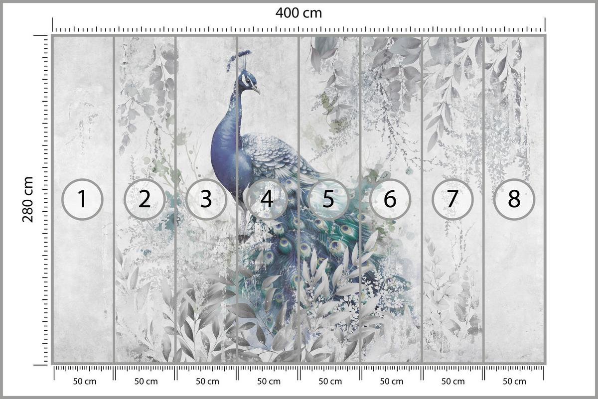 FOTOTAPETE für Schlafzimmer Abstrakte Vogel Pfau Beton Blätter 400x280 - Türkis/Blau, Papier (400/280cm) - Muralo