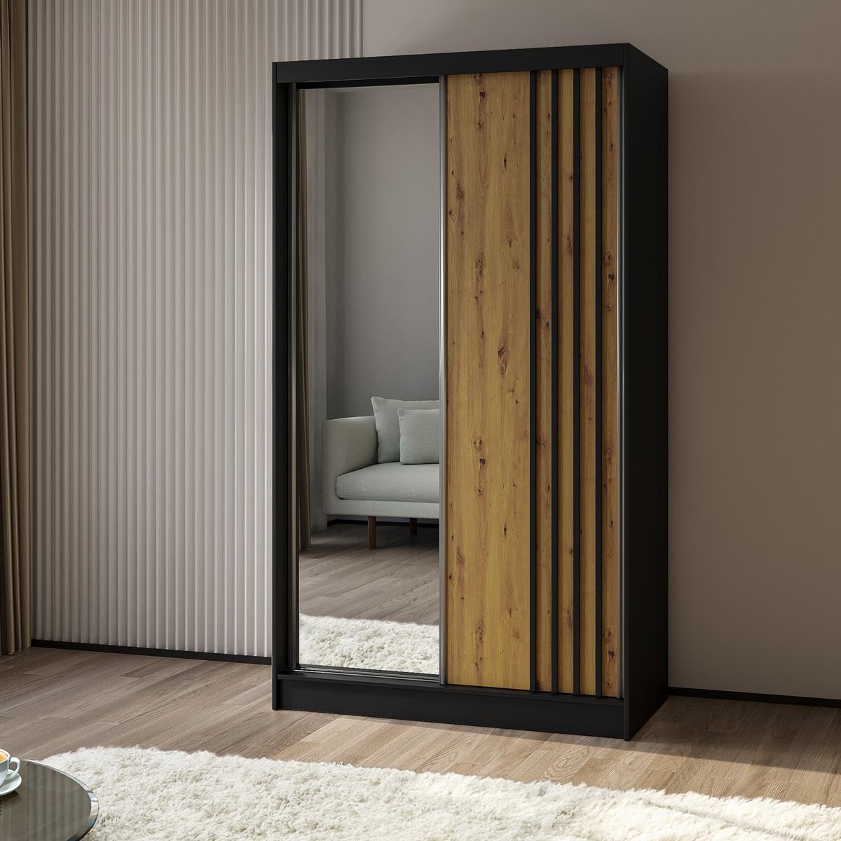 SCHWEBETÜRENSCHRANK NELVIA 120/216/61 cm 2-türig mit Spiegel Schwarz - Schwarz/Eiche Artisan, Holzwerkstoff (120/216/61cm) - MASSENO