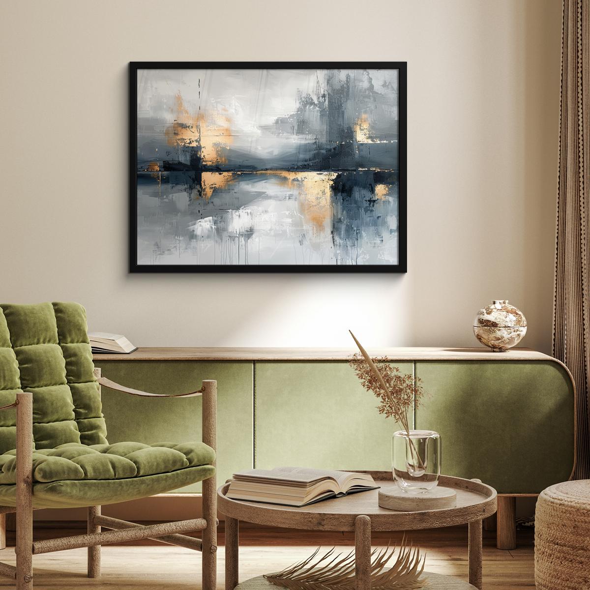 POSTER MIT RAHMENGERAHMTES BILD Kunst - Grau - Gold - Abstrakt 80x60 cm - Dunkelgrau, Papier (80/60cm) - MuchoWow