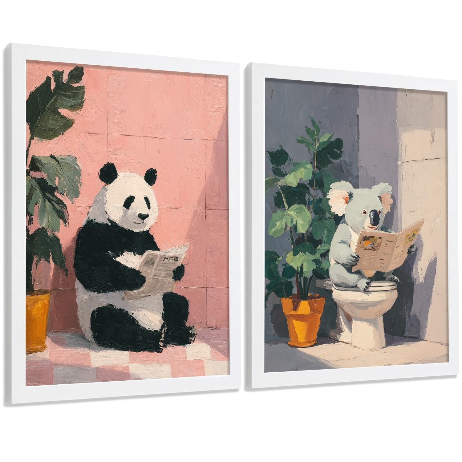 POSTER 2er-Set dekorative Badezimmer-Kunstdrucke und lustige für Wand, Waschbecken, Toilette mit lesenden Tieren im Badezimmer, Stil Weißer Rahmen A4 - Weiß, Papier (29.7/21/3cm) - Nacnic