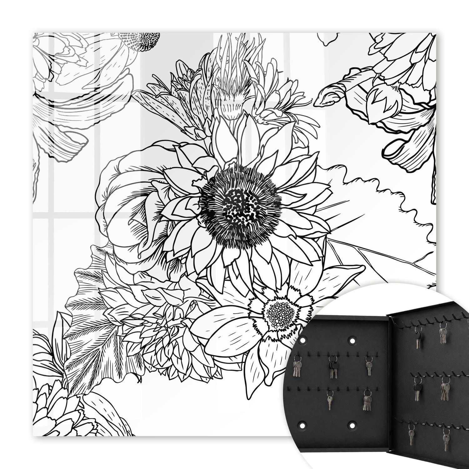 SCHLÜSSELBOX Schwarz 30x30 cm- Türöffnung nach rechts - Schwarz-weiße Blüten - Multicolor, Metall (30/30/5cm) - TULUP