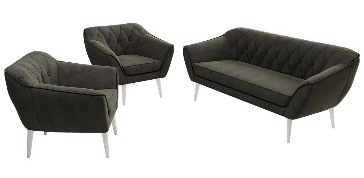 SITZGARNITUR PIRS 3+1+1 - Dunkelgrau Velvet - Weiße Beine - Dunkelgrau/Weiß, Holzwerkstoff/Textil (180/75/74cm) - MKS