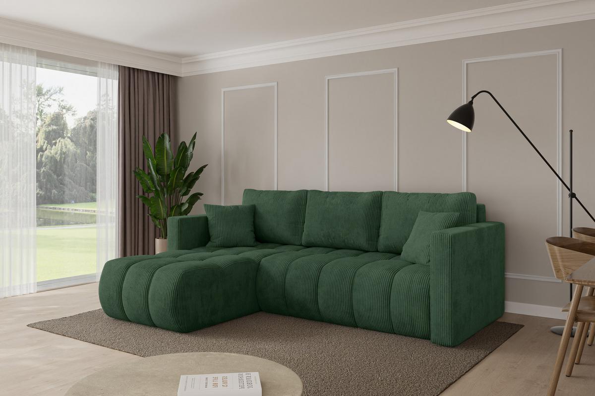 ECKSOFA mit Schlaffunktion Ottomane Links GARD-L 226x146x85 Grün Cord - Dunkelgrün/Schwarz, Holzwerkstoff/Kunststoff (226/146cm) - ALTDECOR