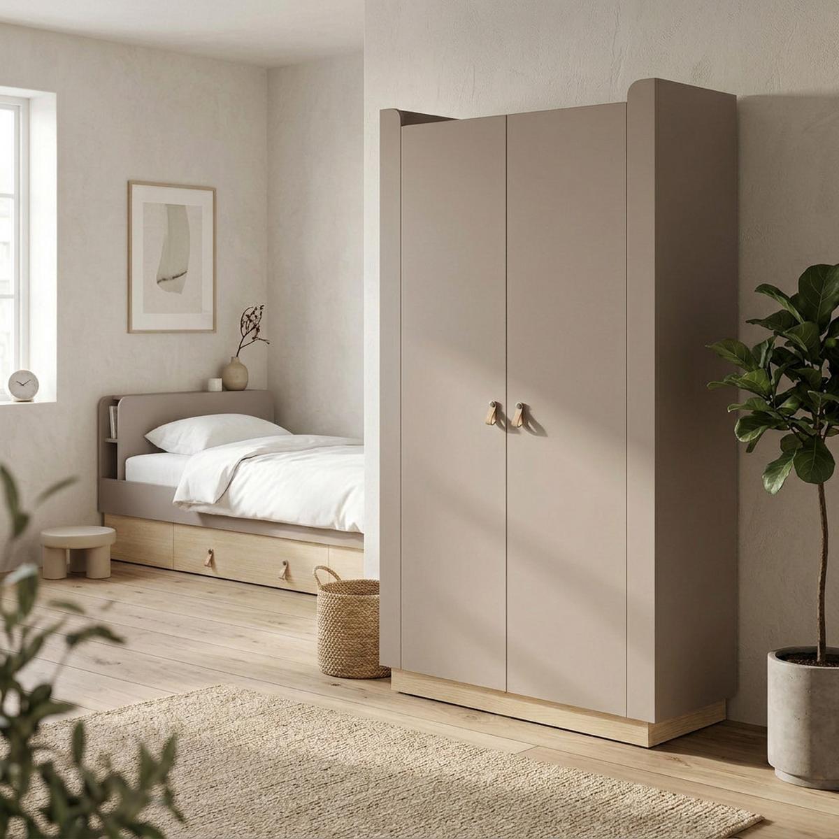 DREHTÜRENSCHRANK Sorella, 2-türig, 110 cm, für Jugendzimmer, Porcini + Eiche Mavelie - Eichefarben/Cappuccino, Leder/Holzwerkstoff (110/201/52cm) - Beautysofa