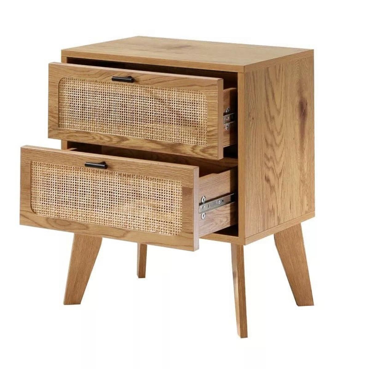 NACHTTISCH mit 2 schubladenrattanfronten und holzdekorbeinen alia 45/29/56 cm - Eschefarben, Holzwerkstoff (45/56/29cm) - Calicosy