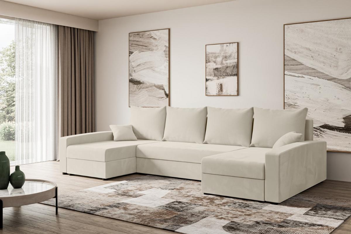 WOHNLANDSCHAFT mit Schlaffunktion und Bettkasten ALESIA-U 301x140x90 cm Beige Velours - Beige/Silberfarben, Holzwerkstoff/Kunststoff (301/90/140cm) - ALTDECOR