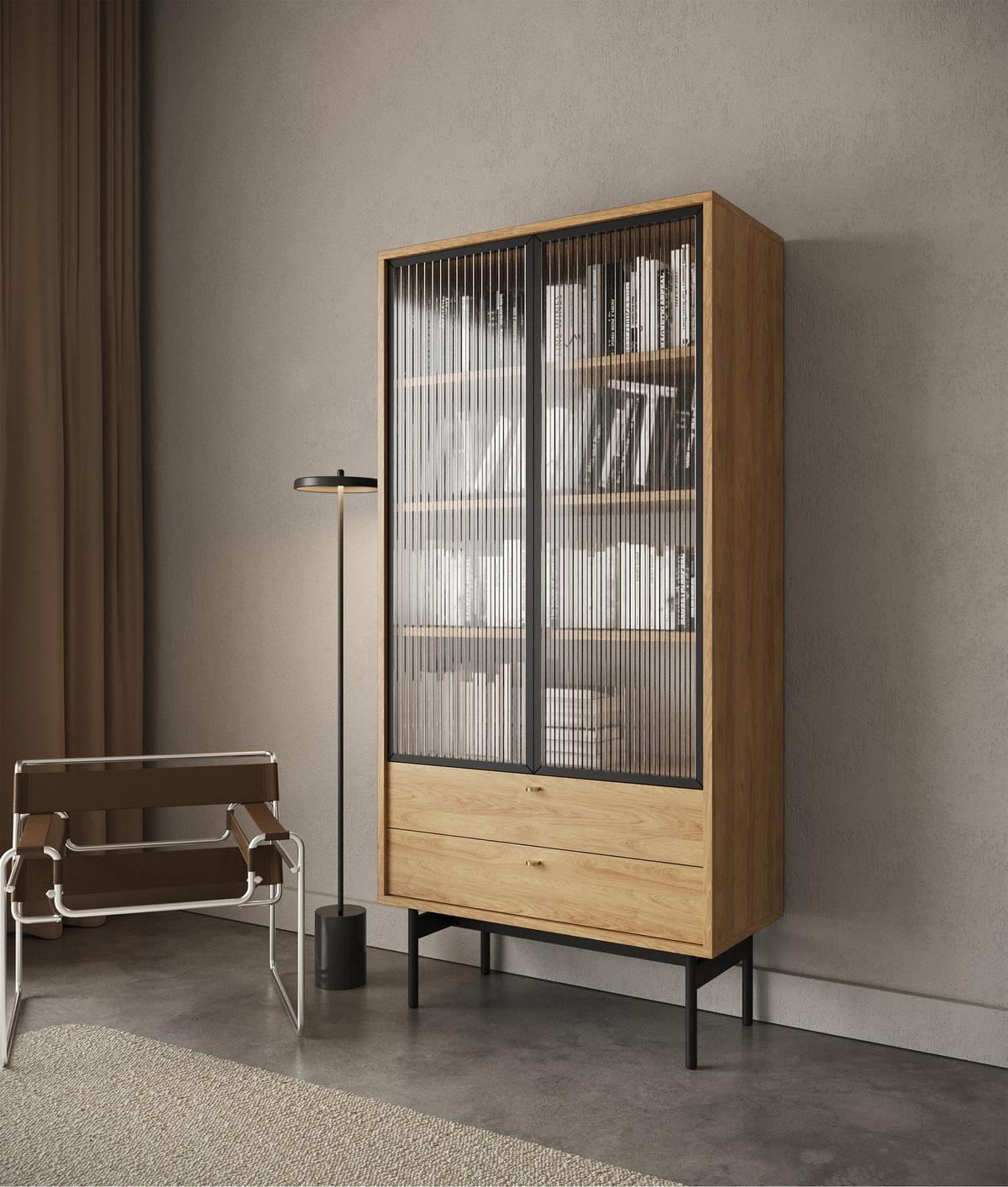 VITRINE Olar II Holzoptik Hickory Natur 85 cm - Beige/Goldfarben, Holzwerkstoff/Metall (85/179/41cm) - Selsey