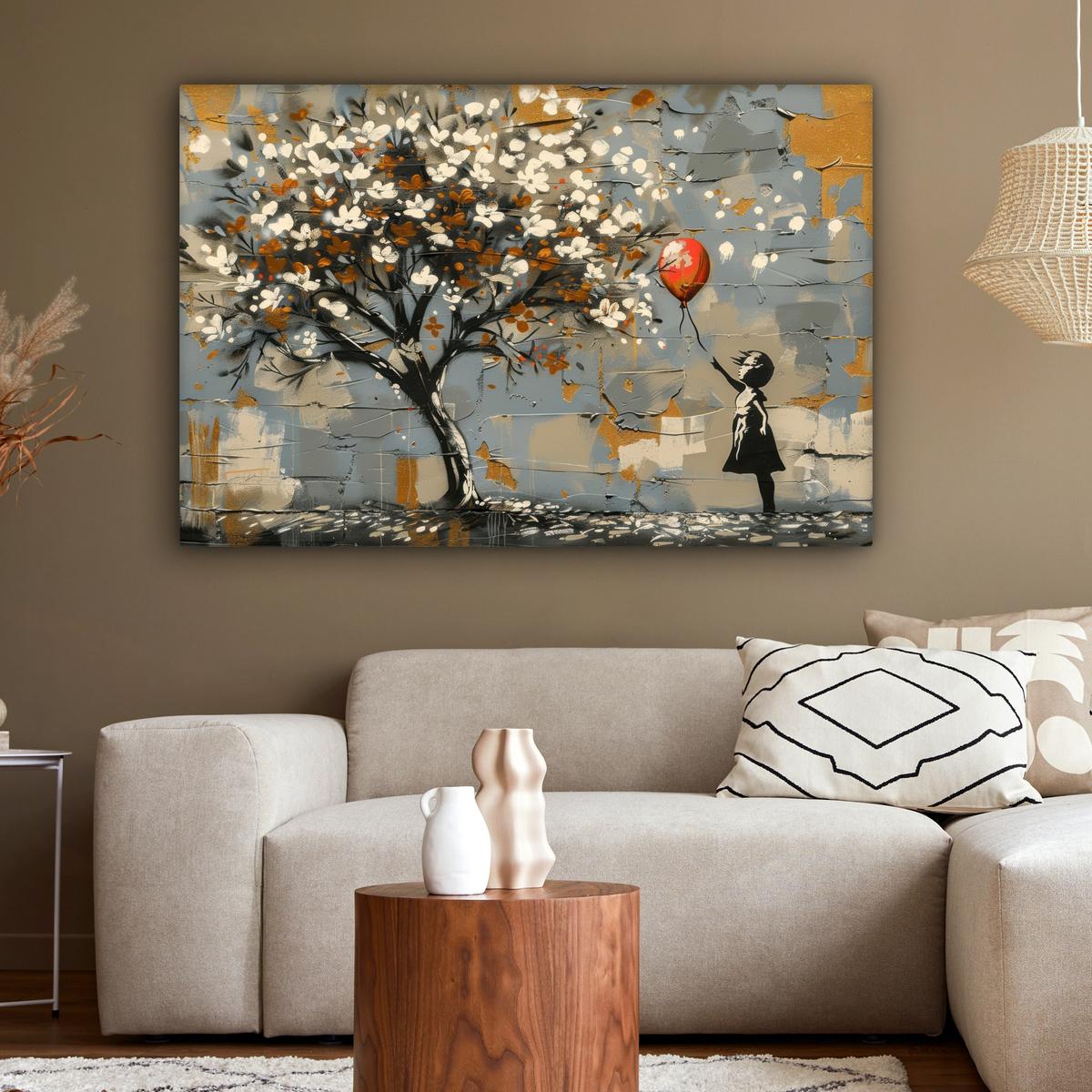 LEINWANDBILD Baum - Graffiti - Banksy-Stil - Ballon-Mädchen Wohnzimmer Groß 120x80 cm - Blaugrau, Textil (120/80cm) - MuchoWow