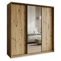 SCHWEBETÜRENSCHRANK TAVI 180/205/60 cm 3-türig mit Spiegel und Schubladen Eiche Artisan - Schwarz/Eiche Artisan, Holzwerkstoff (180/205/60cm) - MASSENO