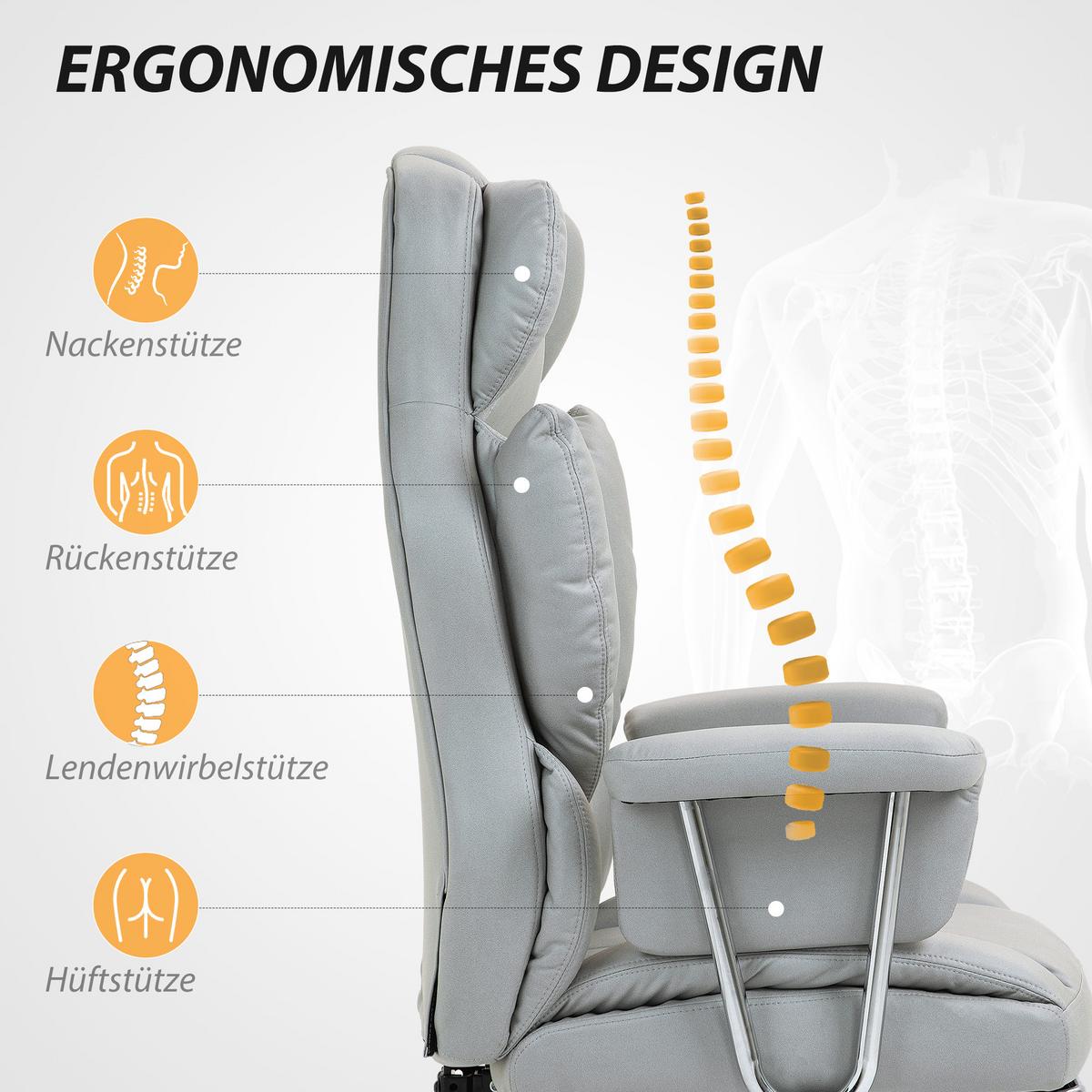 BÜROSTUHL mit Liegefunktion, ergonomisch Schreibtischstuhl, Drehstuhl Hellgrau - Chromfarben/Hellgrau, Textil/Metall (65/128/74cm) - HOMCOM