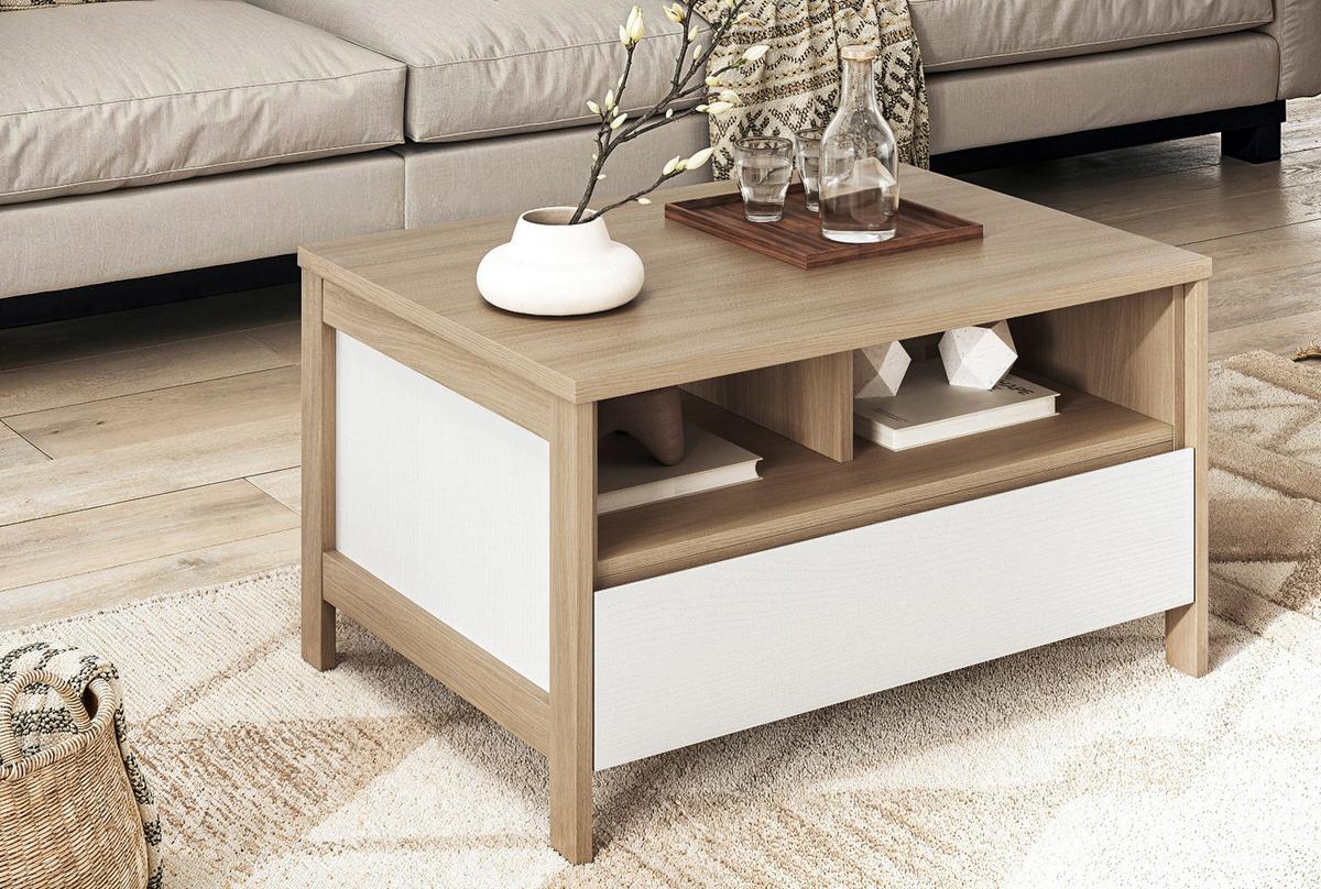 COUCHTISCH weiß und Eiche, Beistelltisch skandinavisch, 80 x 60 cm, Soft-Close, Finnes - Eichefarben/Weiß, Holzwerkstoff (60/80/46cm) - Furn.Design