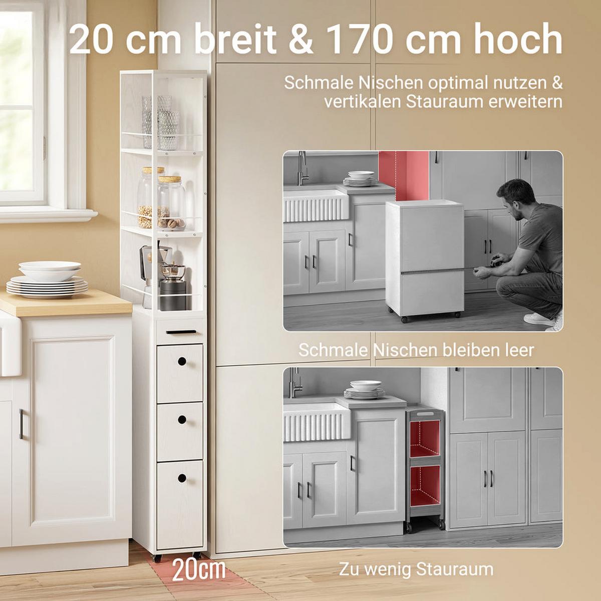 NISCHENSCHRANK mit 3 Schubladen und 3 offenen Regalen 40×20×170 cm - Weiß, Fell (20/170/40cm) - SoBuy