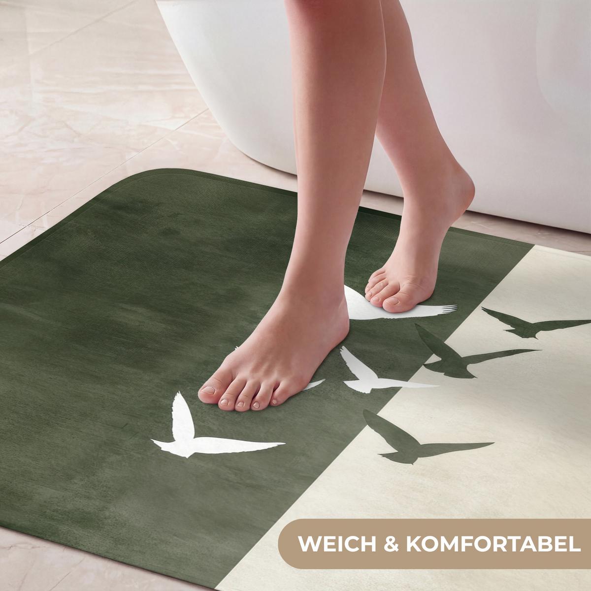BADEMATTE Japandi - Vogel - Grün 90x60 cm - Olivgrün, Textil (90/60cm) - OnlyWow
