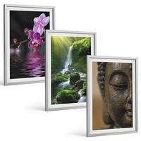 BILDER SET 3er Set - 40x60 cm Silberner Rahmen - Blumen, Wasserfall, Buddha-Felsen, Zen - Silberfarben, Kunststoff (40/60cm) - TULUP