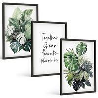BILDER SET 3er Set - 40x60 cm Schwarzer Rahmen - Grüne Blätter tropischer Pflanzen - Schwarz, Kunststoff (40/60cm) - TULUP