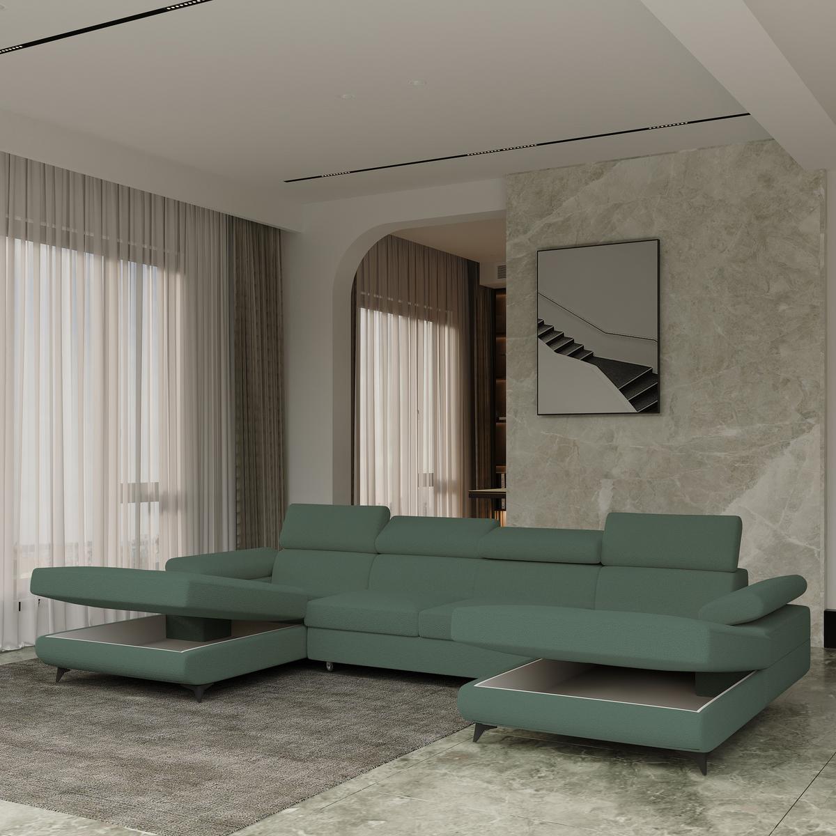 WOHNLANDSCHAFT DETTI Grün Boucle-Stoff mit Schlaffunktion - Grün, Holz (339/89/190cm) - MASSENO