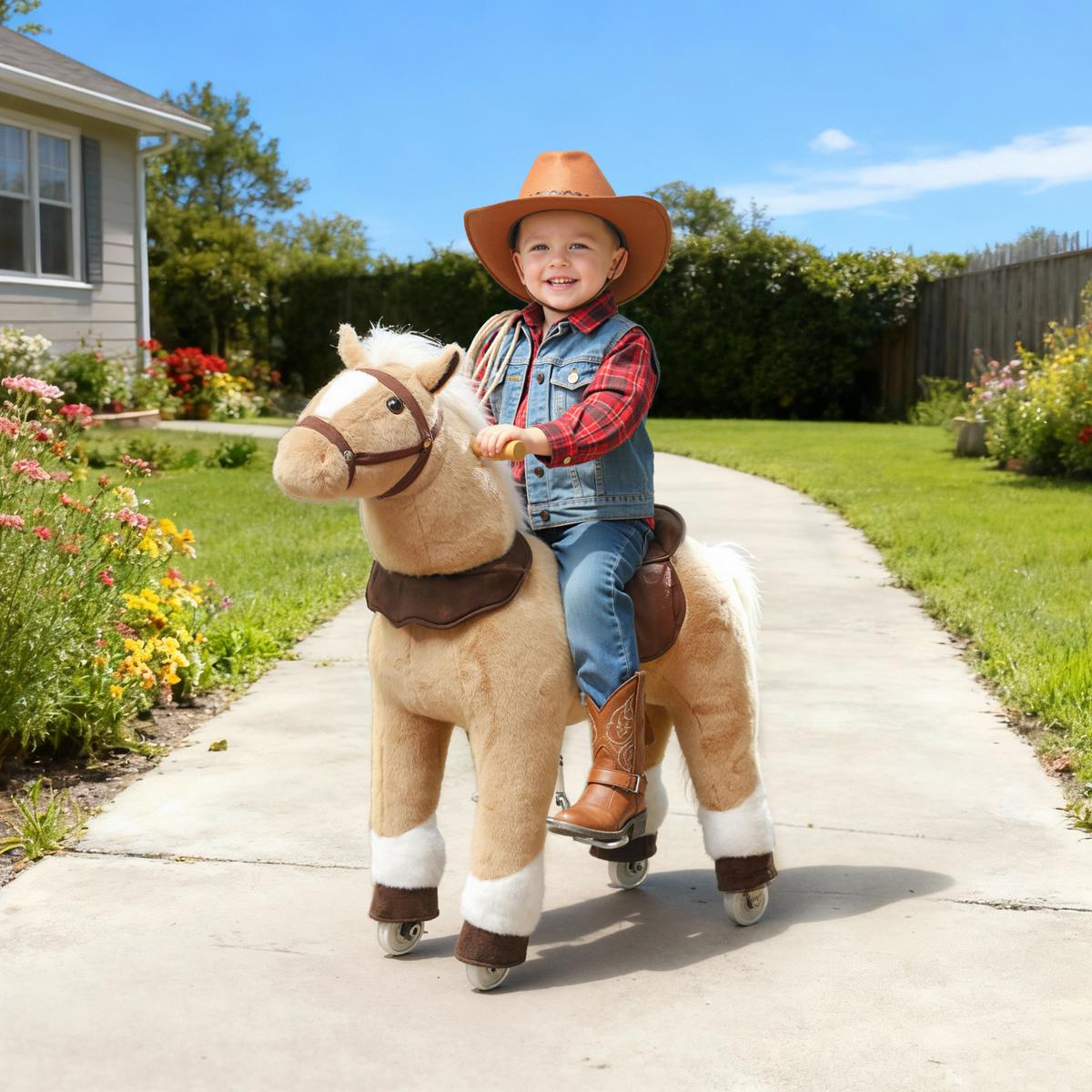 REITPFERD Spielpferd zum Reiten mit Sattel Rollen 80 cm Stehpferd Braun - Braun, Textil (28/80/72cm) - AIYAPLAY