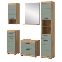 BADMÖBEL-SET Salbei grün, Eiche Artisan 5-teilig 164 cm, Komplettset mit viel Stauraum - Salbeigrün/Schwarz, Glas/Holzwerkstoff (164/191/37cm) - Inn.Furn