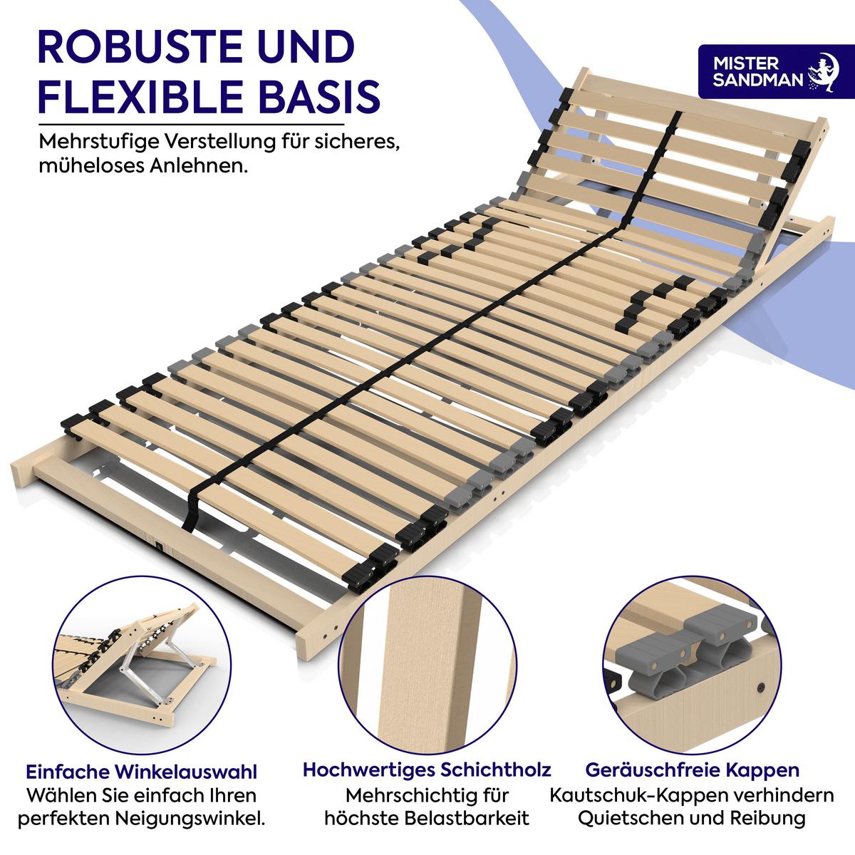 LATTENROST 7-Zonen ErgoFlex 140x200 cm – Lattenrost mit verstellbarem Kopfteil und einstellbarer Härte - Eschefarben/Buchefarben, Holz (140/200cm) - Mister Sandman