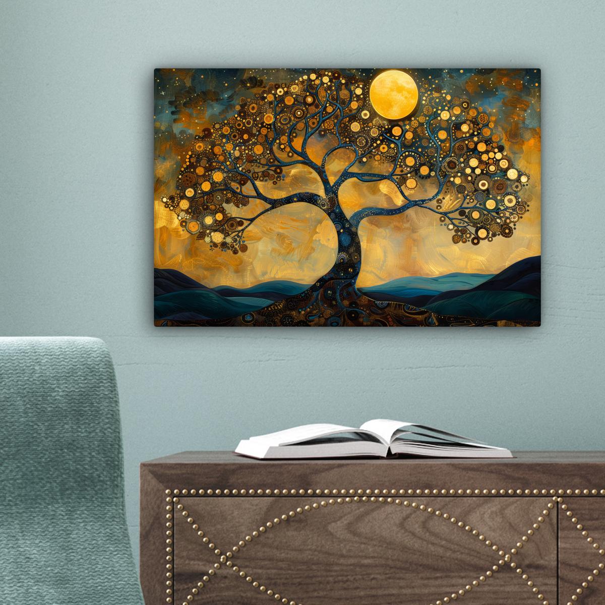 LEINWANDBILD Baum - Mond - Blumen - Gold - Kunst Deko Schlafzimmer 30x20 cm - Orange, Textil (30/20cm) - MuchoWow