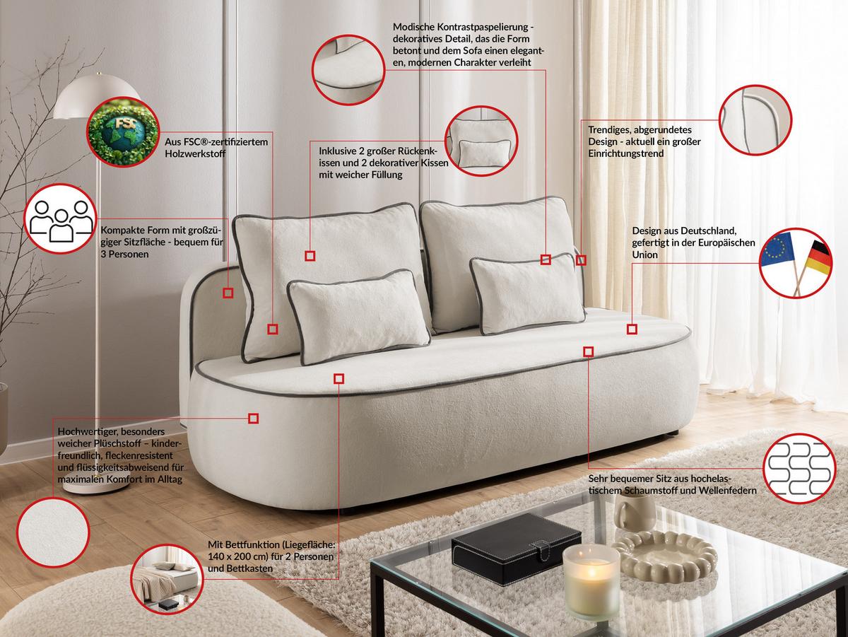 KINDERSOFA Vero im modernen und abgerundeten Design mit Schlaffunktion und Bettkasten aus Helllgrau Plüschstoff mit graphiter Paspel - Hellgrau/Schwarz, Holz/Kunststoff (210/90/98cm) - S-Style Möbel