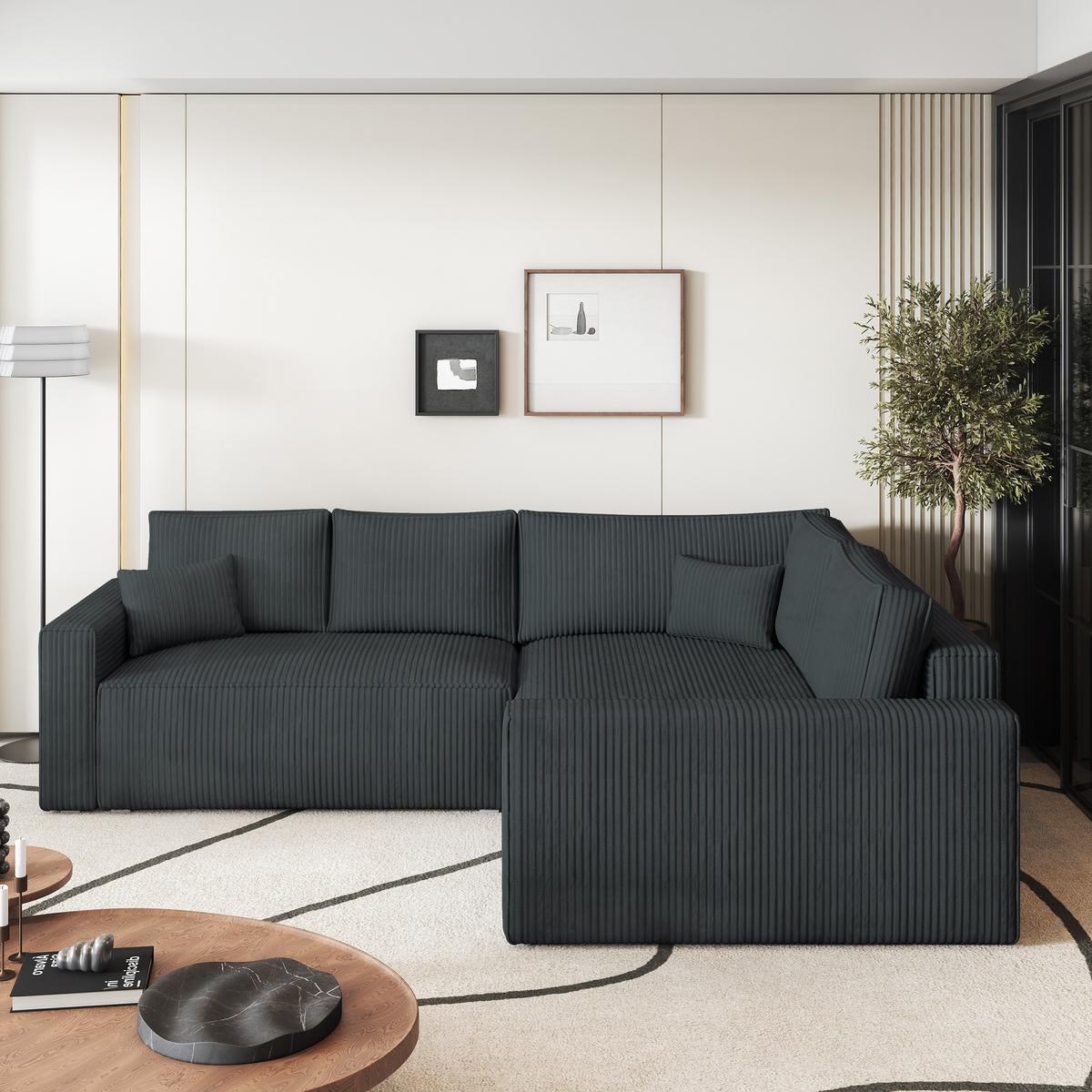 ECKSOFA ERONIS R-S Graphitfarben Kordstoff mit Schlaffunktion - Graphitfarben, Holz (265/194cm) - MASSENO
