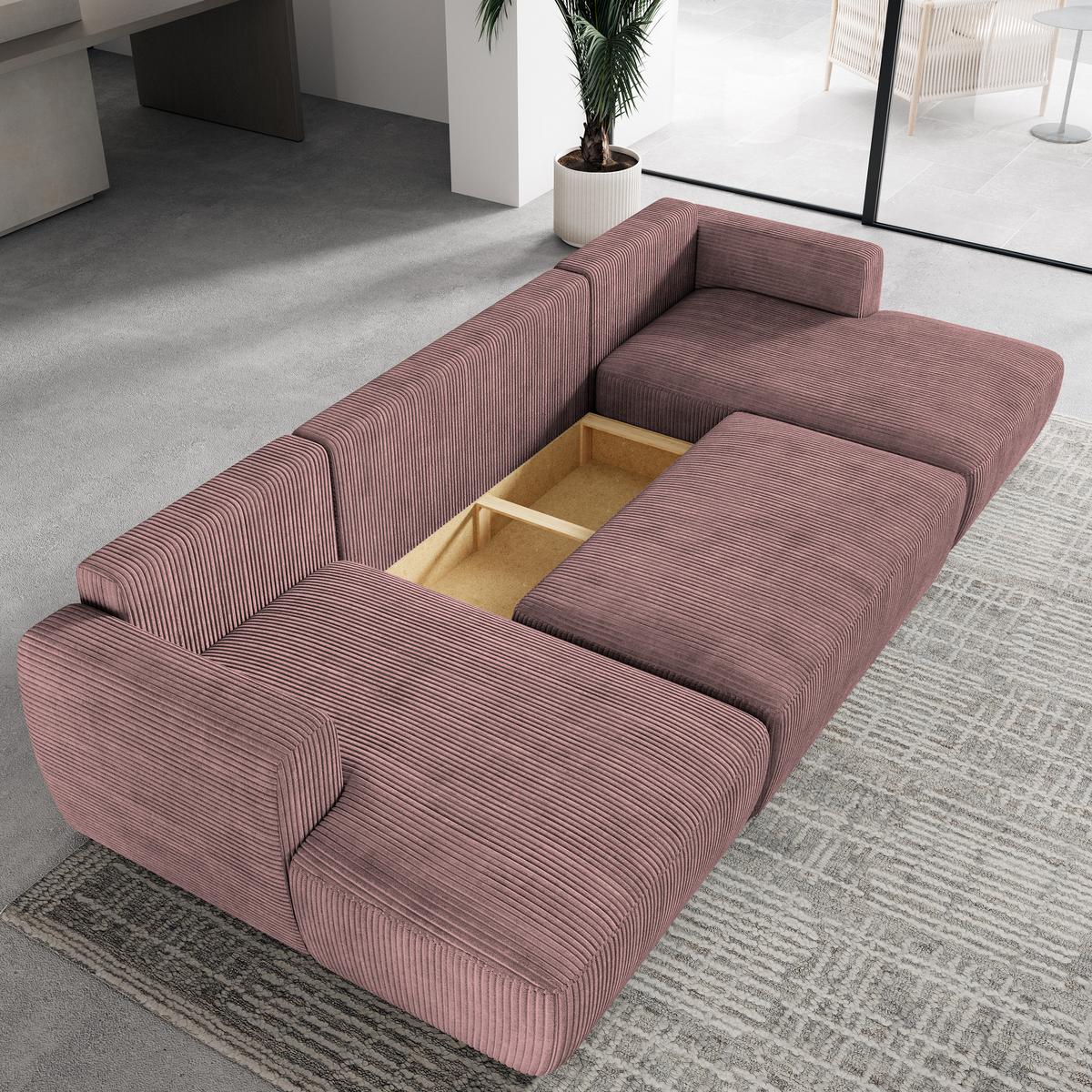 WOHNLANDSCHAFT SENTUM P Lila Kordstoff mit Schlaffunktion - Lila/Schwarz, Holz/Kunststoff (330/90/148cm) - MASSENO