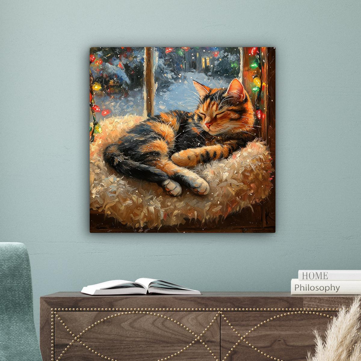 LEINWANDBILD Katze - Weihnachten - Winter - Tier Wandbild Wohnzimmer 50x50 cm - Bernsteinfarben, Textil (50/50cm) - MuchoWow