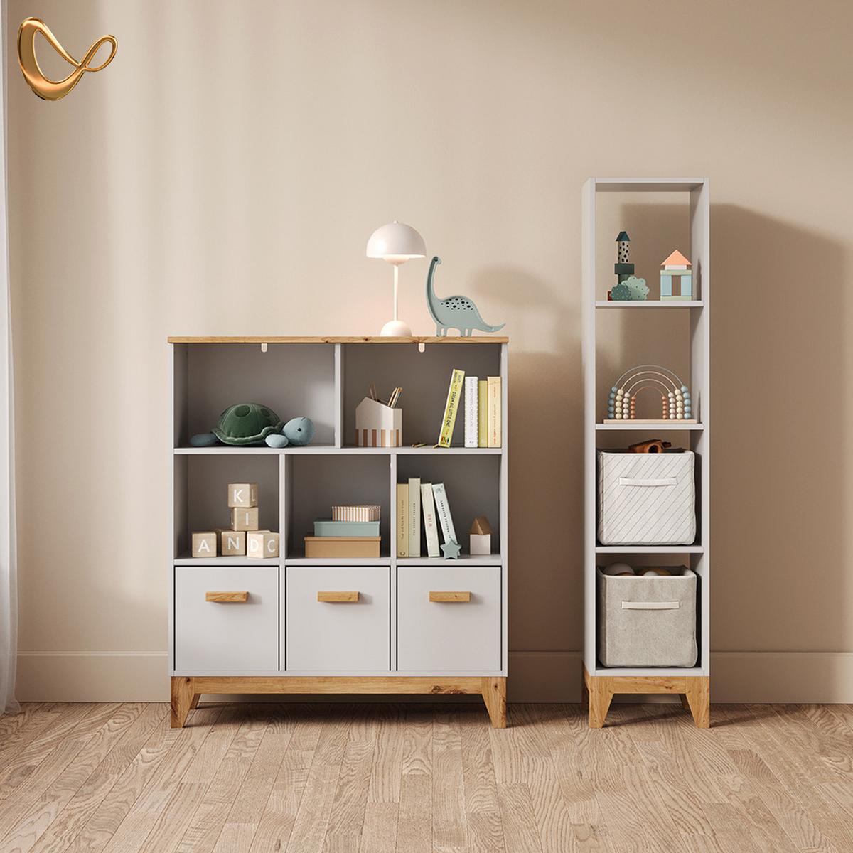 KINDERREGAL Mailo Weiß/Artisan 98.4 x 113.4 cm XL mit 3 Schubladen - Weiß/Eiche Artisan, Holzwerkstoff (98.4/113.4/32.6cm) - Livinity®