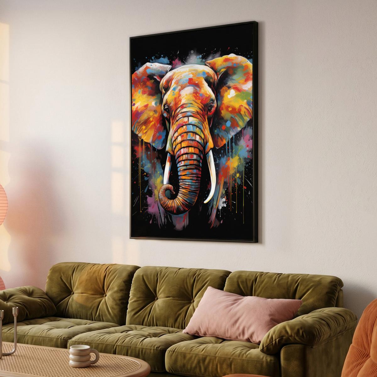 LEINWAND Bilder mit Rahmen - Elefant - Graffiti - Schwarz - Tiere - Farben - 90x140 - Schwarz, Textil (90/140cm) - MuchoWow