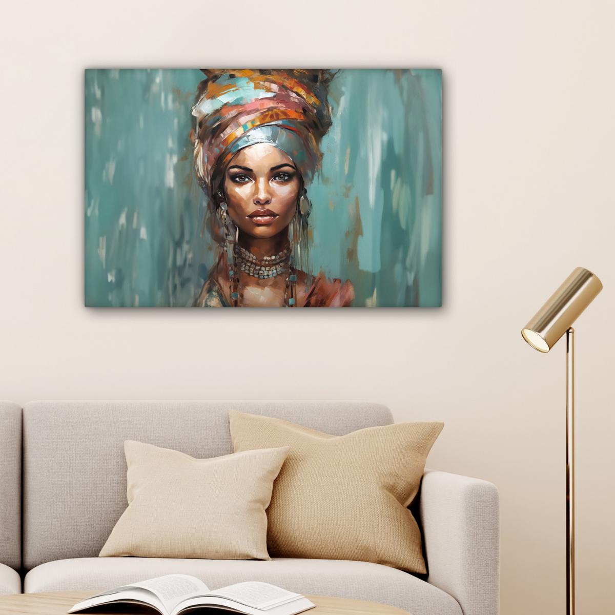 LEINWANDBILD Frau - Kunst - Schmuck - Porträt Gemälde 60x40 cm - Blaugrau, Textil (60/40cm) - MuchoWow