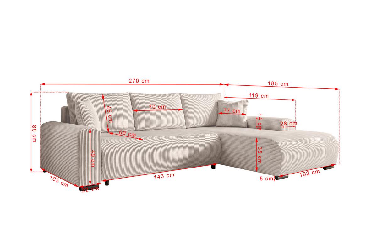 ECKSOFA Nelly mit Bettkasten und Schlaffunktion, Cordstoff in L-Form - Creme, Textil (270/185cm)