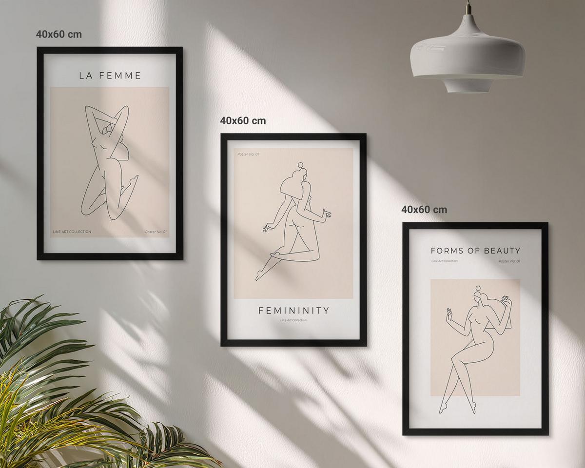 BILDER SET 3er Set - 40x60 cm Schwarzer Rahmen - Poster mit minimalistischen Frauensilhouetten - Schwarz, Kunststoff (40/60cm) - TULUP