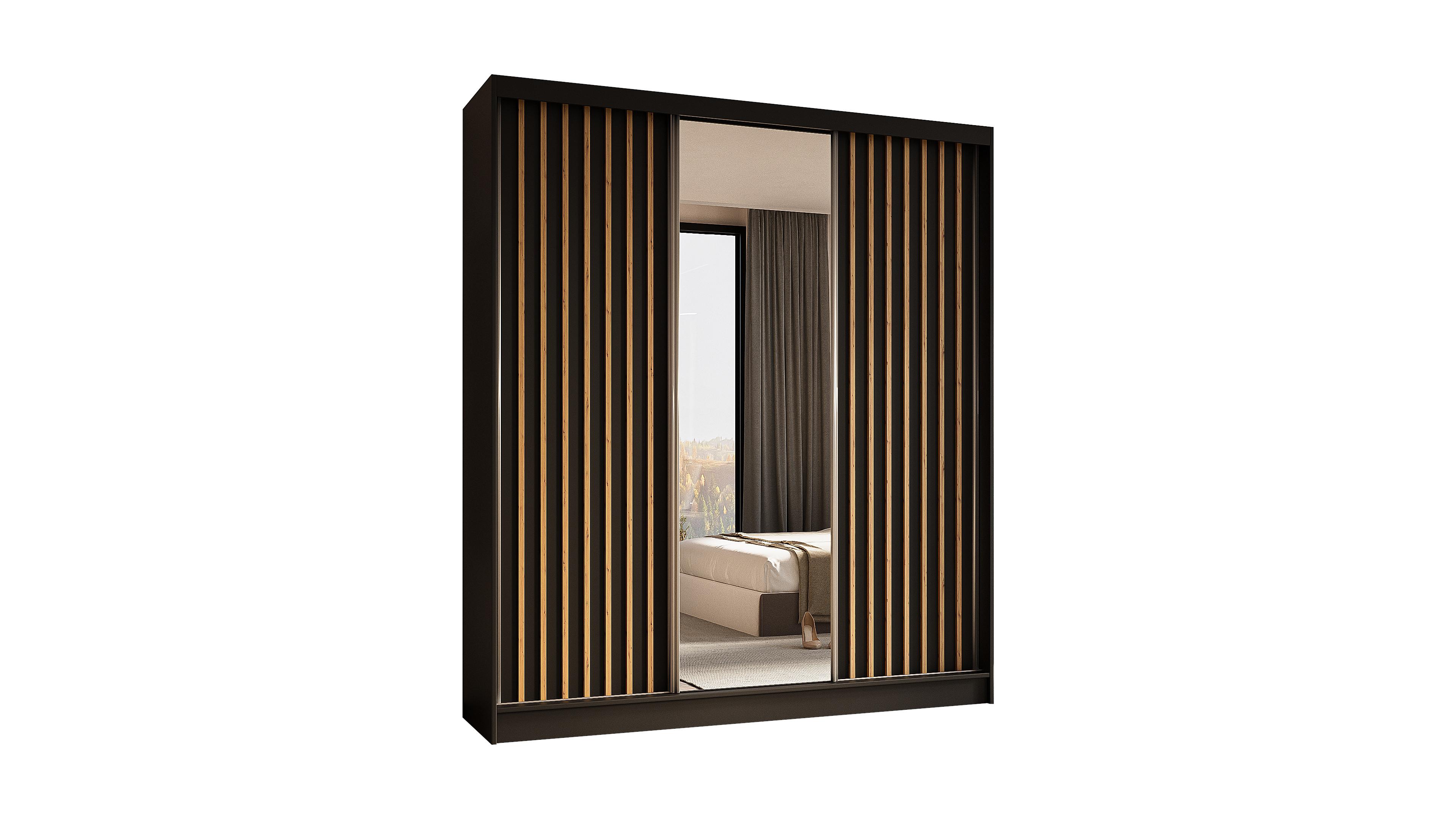 KLEIDERSCHRANK mit Spiegel-Schiebetüren und Aluminium-Leisten, LED-Beleuchtung -LAMELO- 180 cm Schwarz+Schwarz+Artisan - Schwarz/Eiche Artisan, Holzwerkstoff (180/216/61cm) - ALTDECOR