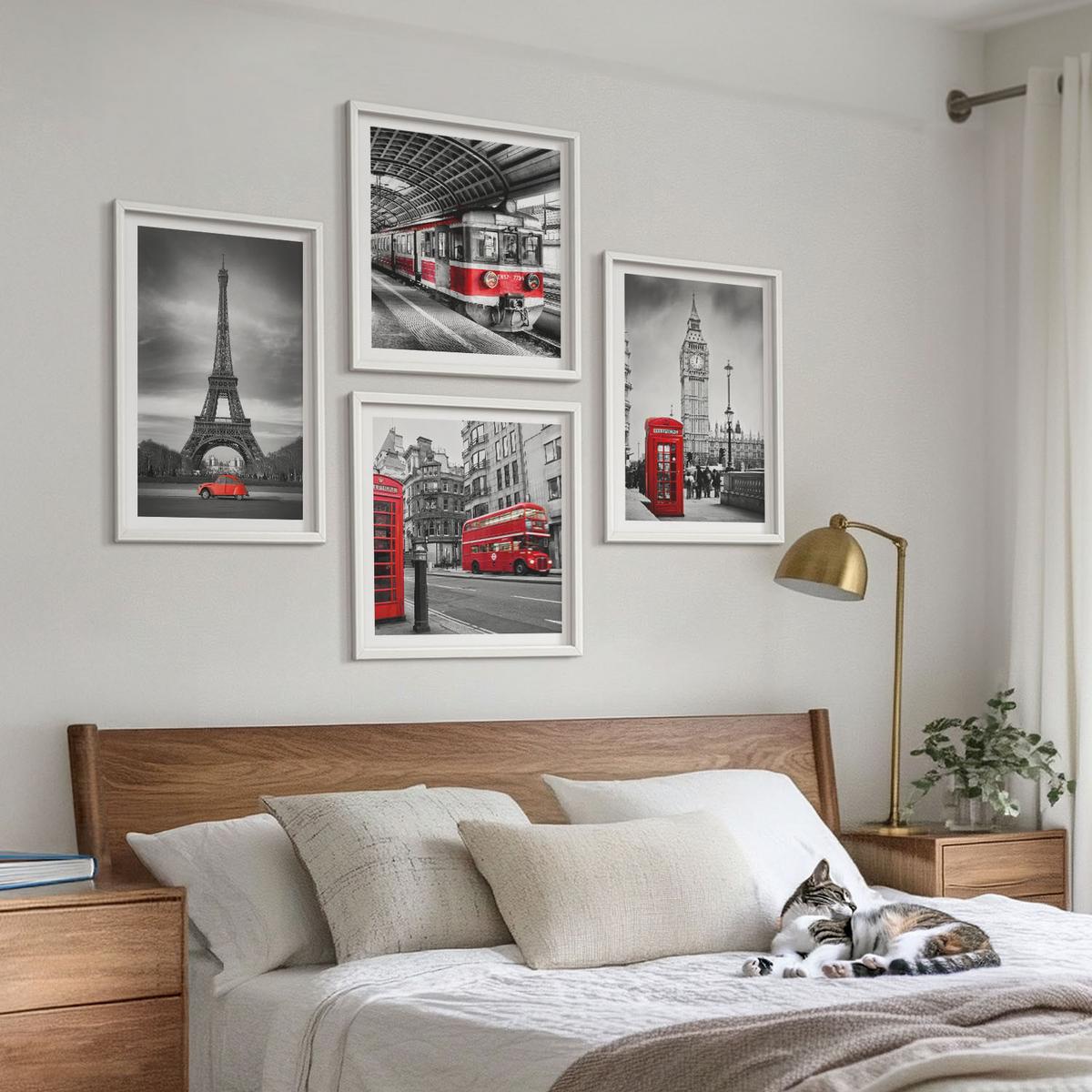 BILDER SET 4er Set - 50x50 cm & 40x60 cm Weißer Rahmen - Rote Busse in der Stadt - Weiß, Kunststoff (50/50cm) - TULUP